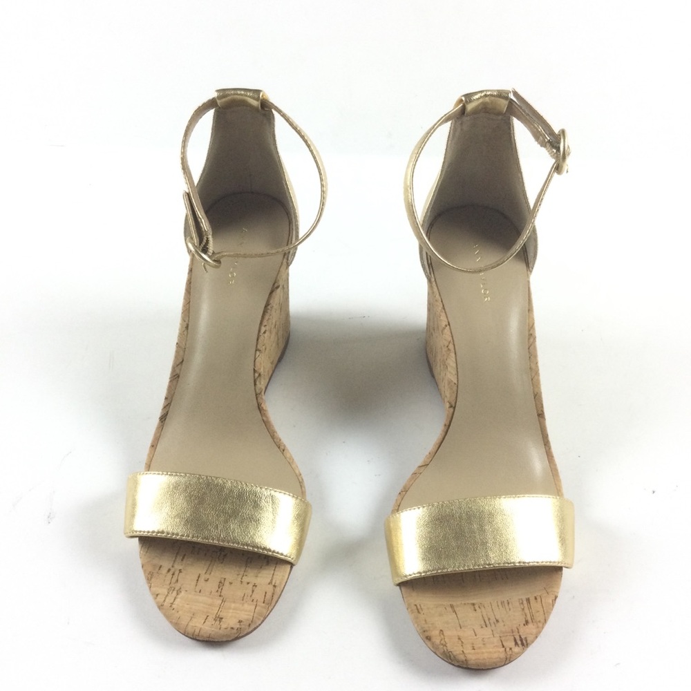 ANN TAYLOR Brett Cork Metallic Gold Wedge Ankle Strap Sandal Sz 9 - Picture 2 of 12